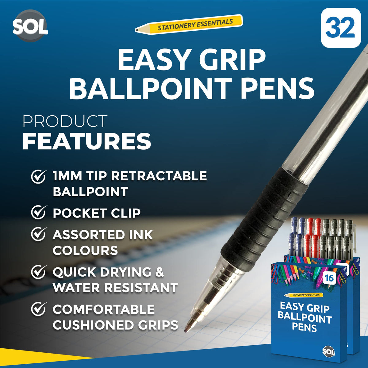Retractable Ballpoint Pens | Mixed Colours | 16 Pack