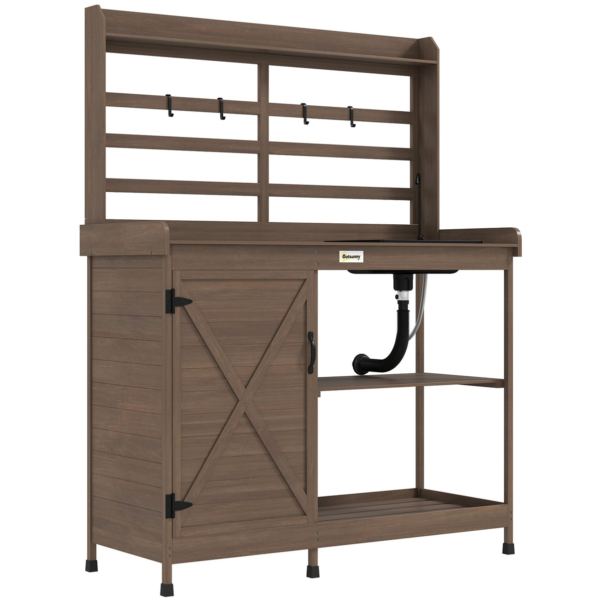 Wooden Potting Bench w/Sink and Water Tap,Storage Cabinet & Drawer Shelves, Dark Brown