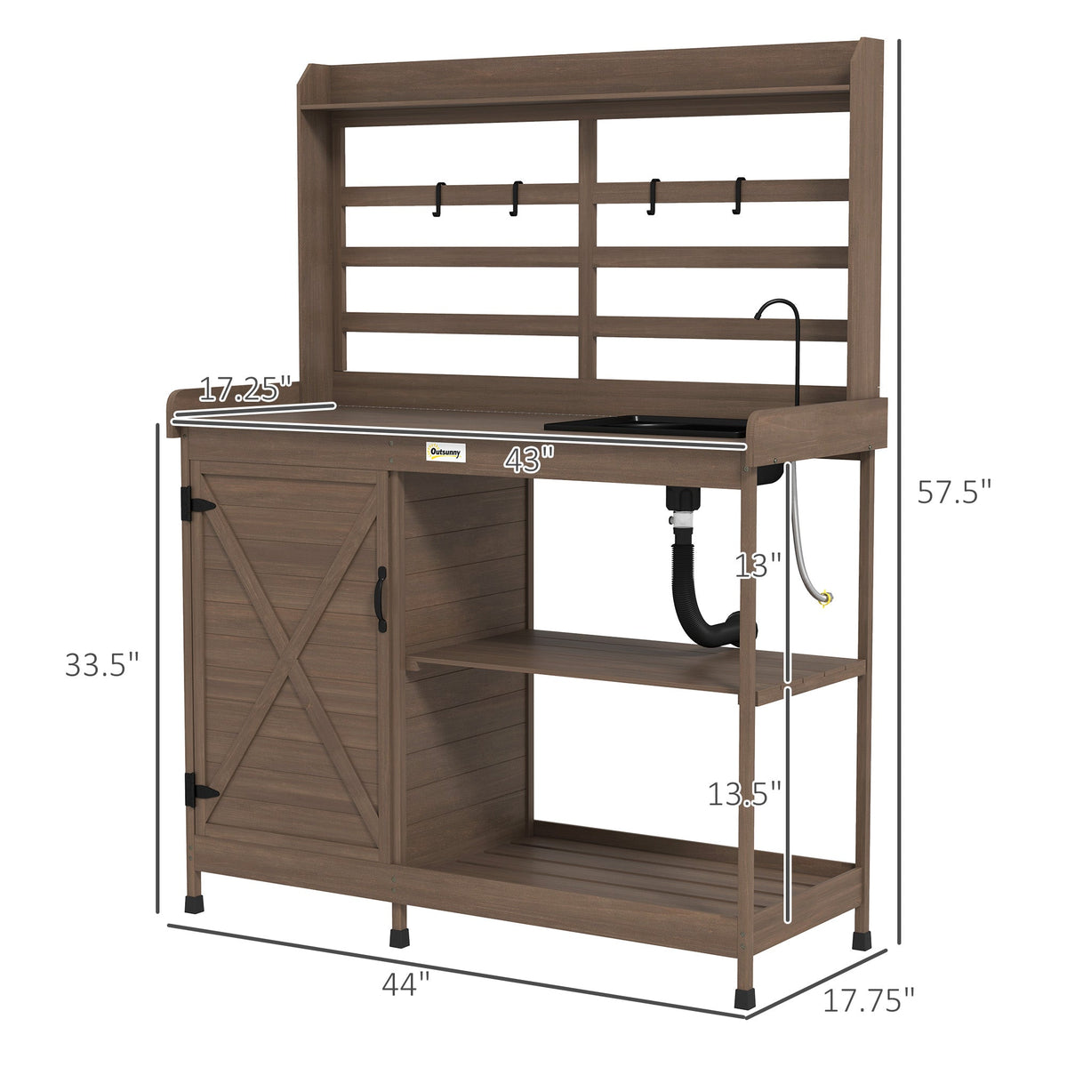 Wooden Potting Bench w/Sink and Water Tap,Storage Cabinet & Drawer Shelves, Dark Brown
