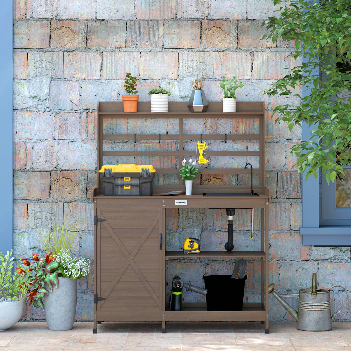 Wooden Potting Bench w/Sink and Water Tap,Storage Cabinet & Drawer Shelves, Dark Brown