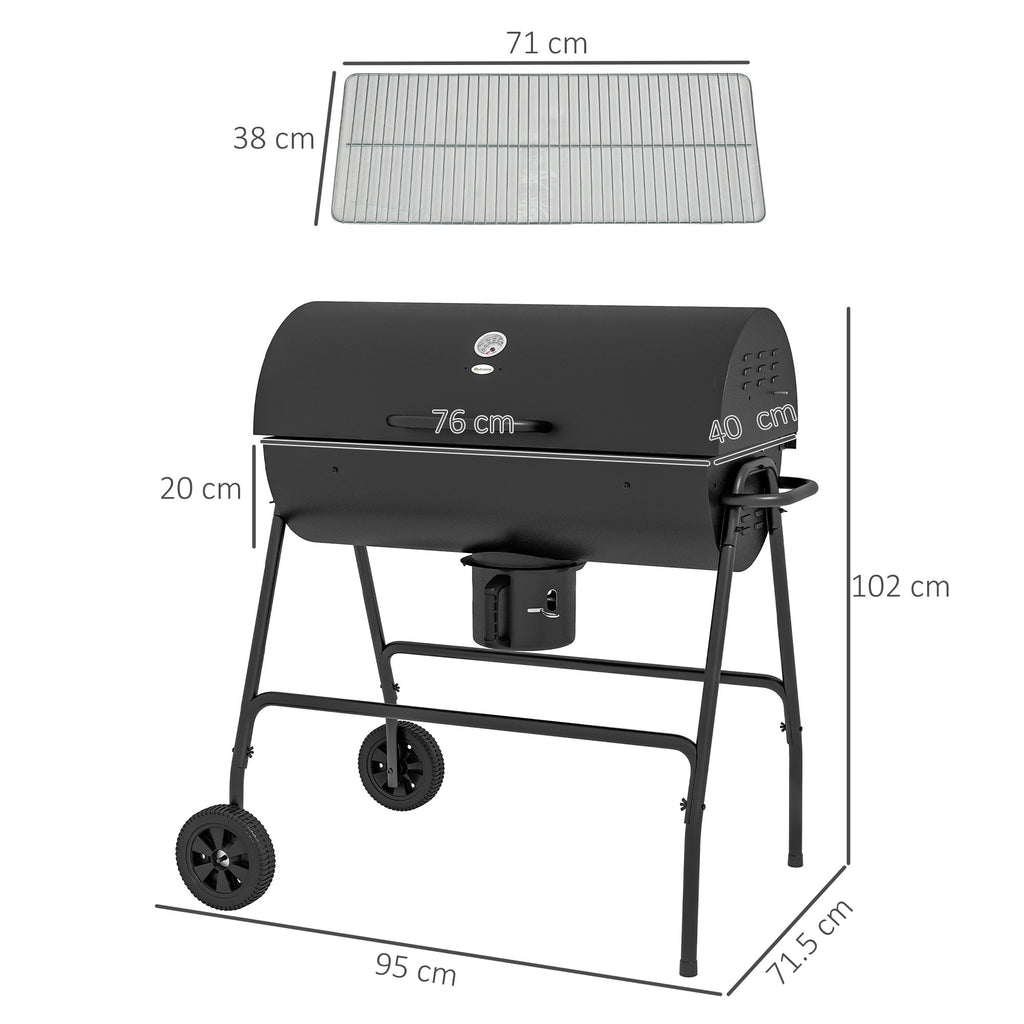 Portable Barrel Charcoal BBQ Trolley Smoker with Wheels, Black
