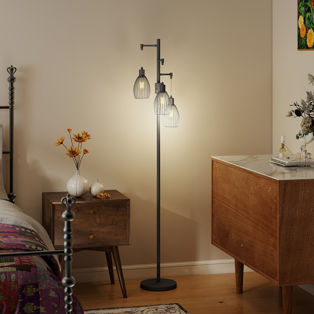 HOMCOM 3-Light LED Floor Lamp, 170cm Industrial Dimmable Standing Lamp with Steel Wire Cage Lampshades, 2700K for Living Room, Bedroom, Dining Room, Study, Black