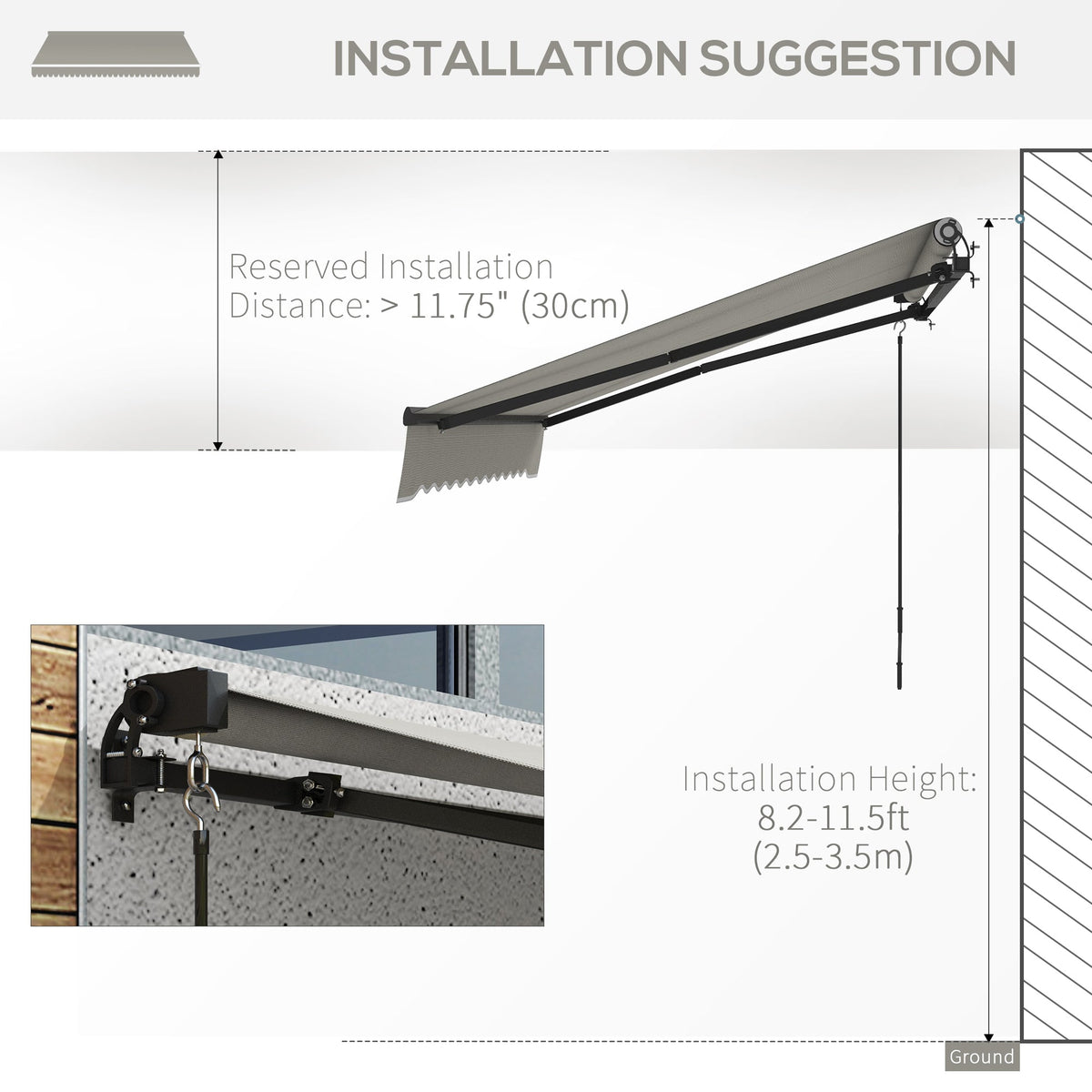 8' x 6.5' Retractable Awning with Manual Crank, 280gsm UV Resistant Fabric and Aluminum Frame, Light Grey