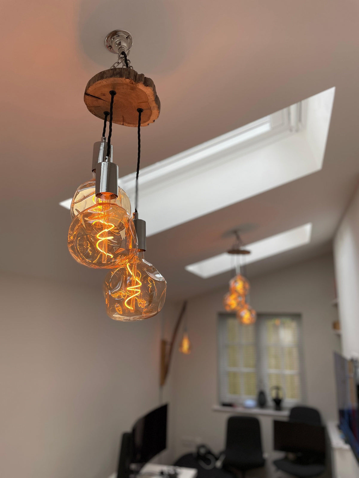 Oak Slice Trio Pendant Light | 3 Drop Kitchen Island & Dining Lighting UK