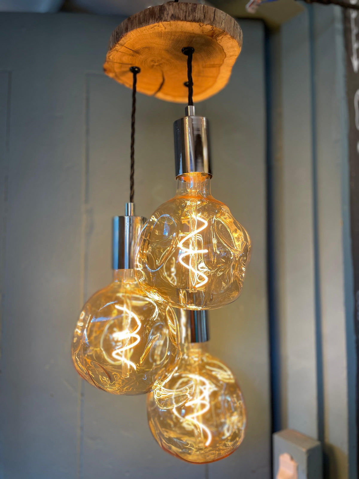 Oak Slice Trio Pendant Light | 3 Drop Kitchen Island & Dining Lighting UK