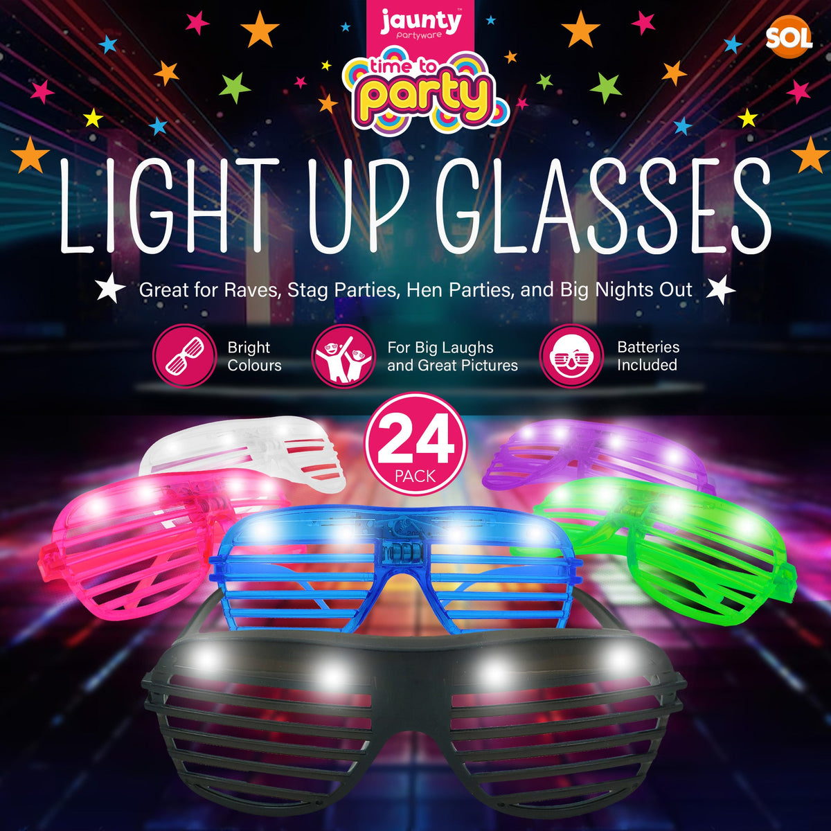 Flashing Party Glasses LED Neon Shutter Shades Rave | 24 Pack
