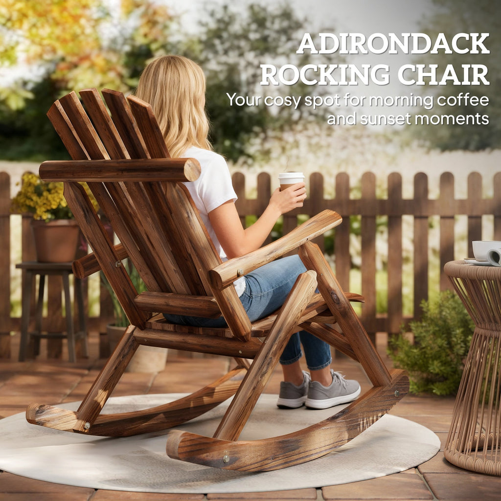 Outdoor Wooden Adirondack Rocker with High Back and Slatted Seat, Carbonized