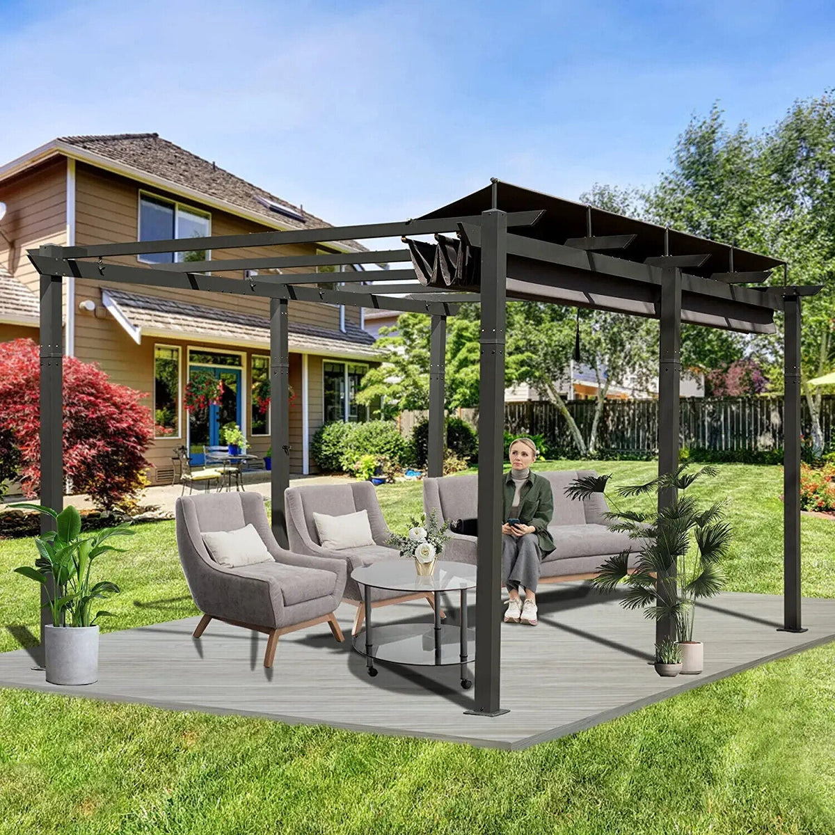 Alora Outdoor Aluminum Pergola with Retractable Canopy Roof