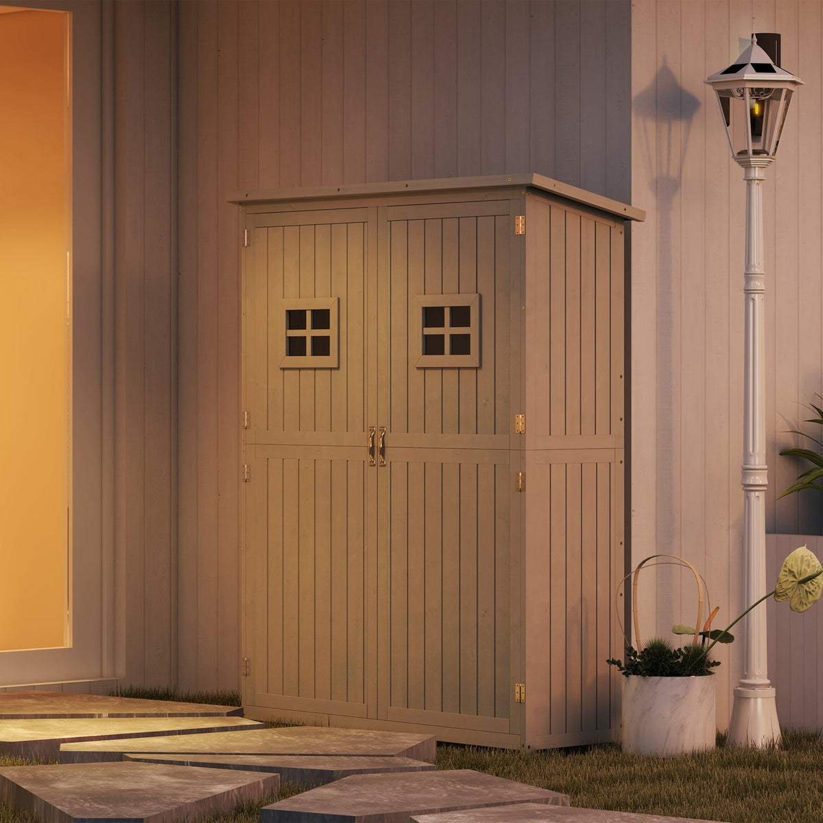 4' x 1.5' Wooden Garden Shed with Two Windows & Double Door, Grey