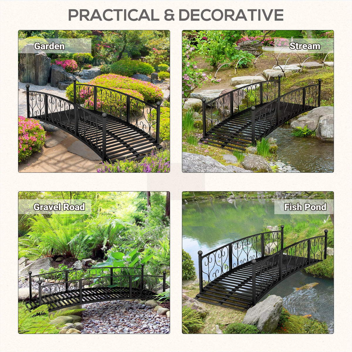 7' Metal Arch Garden Bridge with Scrollwork & Railings, Black