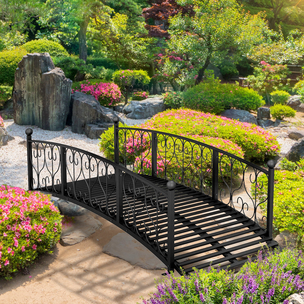 7' Metal Arch Garden Bridge with Scrollwork & Railings, Black