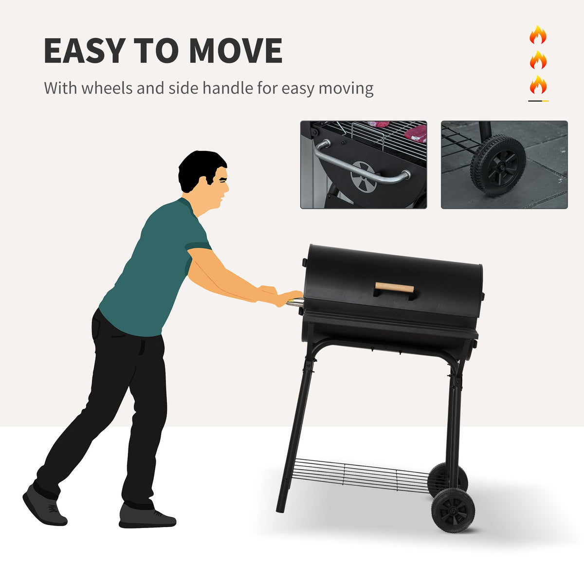 30" Portable Barrel Charcoal BBQ Grill with Storage Shelf for Garden Camping Picnic, Black