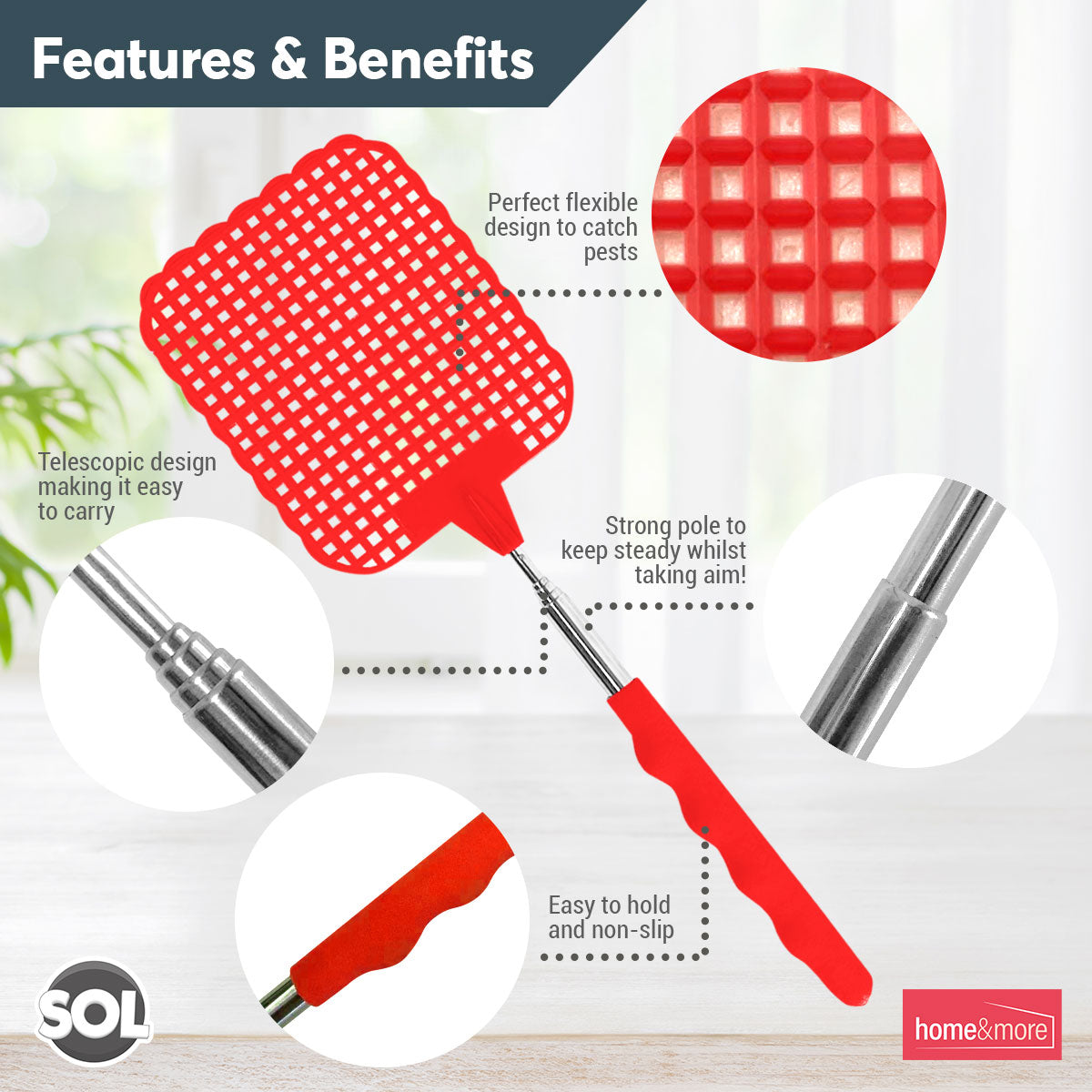 Telescopic Fly Swatter 26–73cm | Insect Bug Swat Tool | 4 Pack