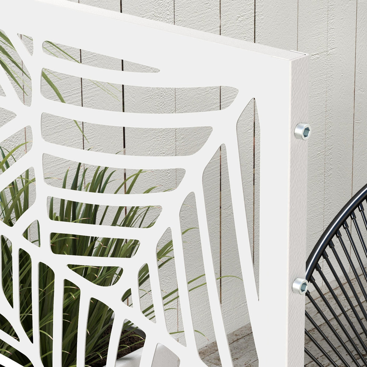 6.5FT Decorative Outdoor Divider, Metal Privacy Screen with Stand, Large Leaf Style, White