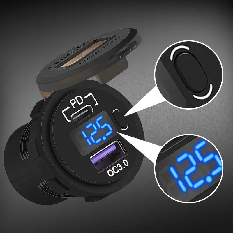 Exotronic Voltmeter, USB-C & USB QC3.0 Flush Mount Socket