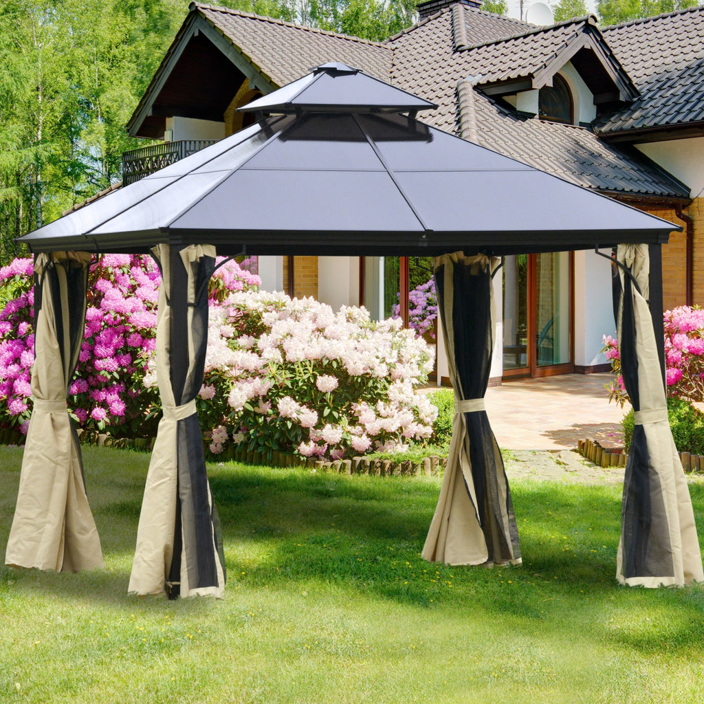10' x 10' Hardtop Gazebo with Polycarbonate Roof & Netting, Beige