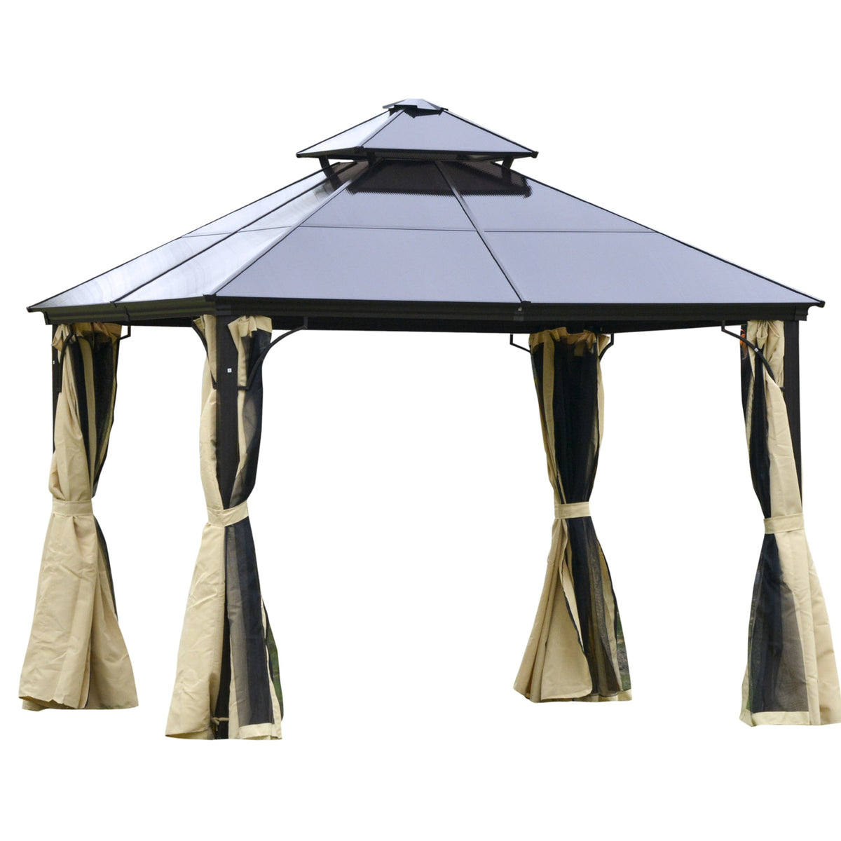 10' x 10' Hardtop Gazebo with Polycarbonate Roof & Netting, Beige
