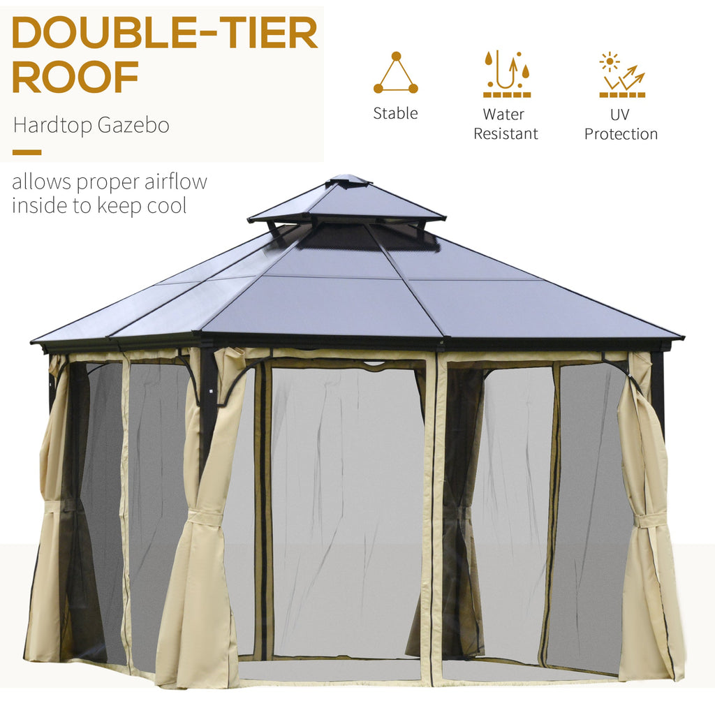 10' x 10' Hardtop Gazebo with Polycarbonate Roof & Netting, Beige