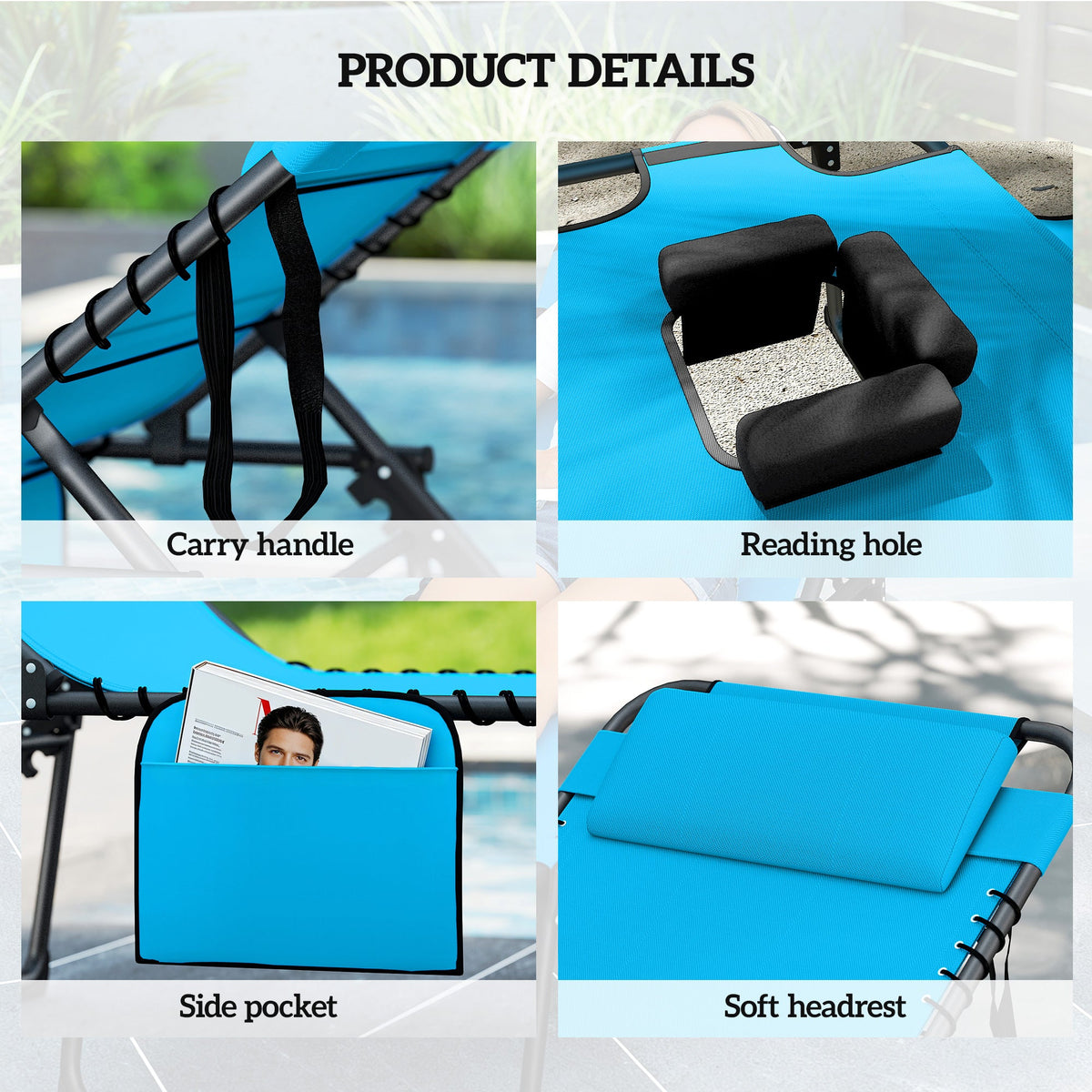 2-Piece Folding Chaise Lounge with Face Hole, Blue