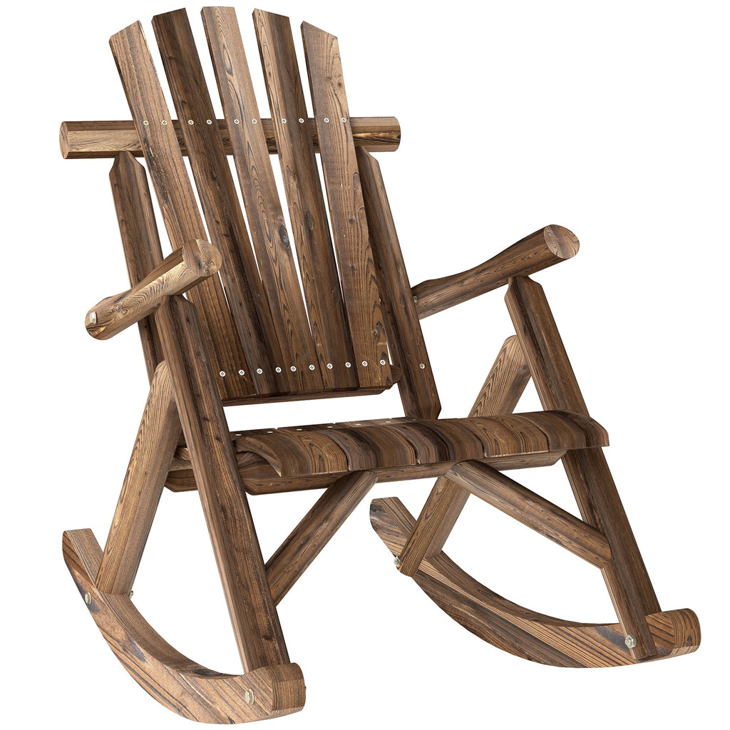 Outdoor Wooden Adirondack Rocker with High Back and Slatted Seat, Carbonized