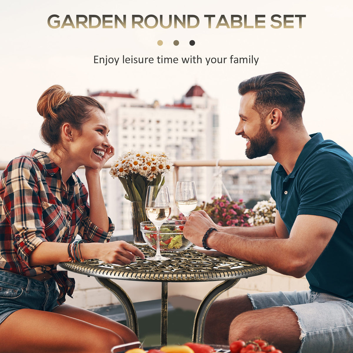 3 Piece Outdoor Bistro Set, 2 Chairs and A Round Coffee Table w/ Parasol Hole, Bronze