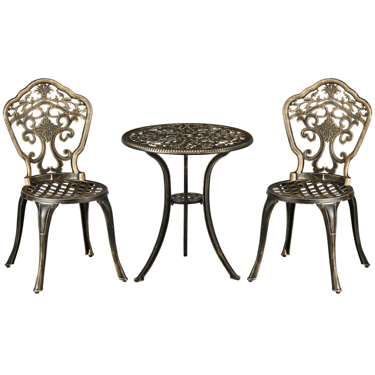 3 Piece Outdoor Bistro Set, 2 Chairs and A Round Coffee Table w/ Parasol Hole, Bronze