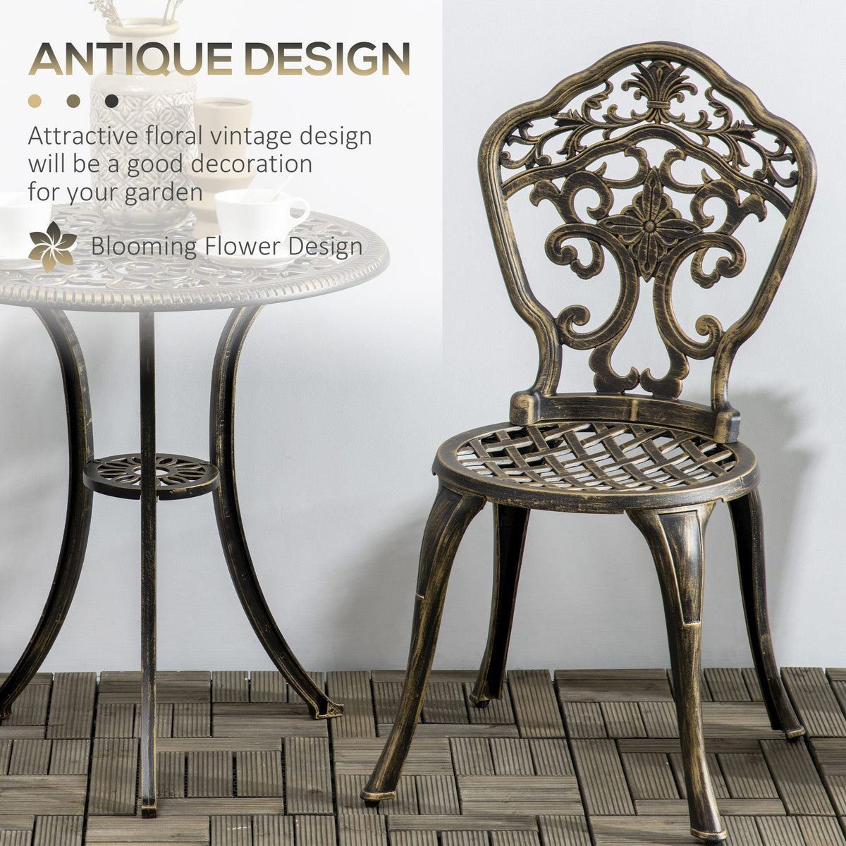 3 Piece Outdoor Bistro Set, 2 Chairs and A Round Coffee Table w/ Parasol Hole, Bronze