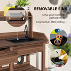 Potting Bench Table with Storage Shelves, Removable Sink, Faucet and Drawer, Dark Brown