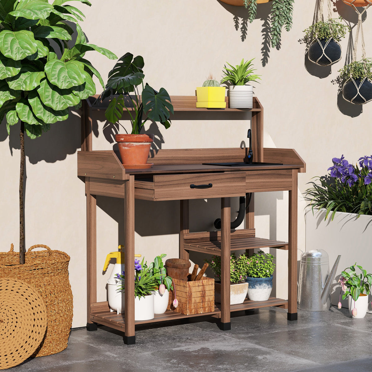 Potting Bench Table with Storage Shelves, Removable Sink, Faucet and Drawer, Dark Brown