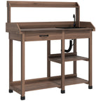 Potting Bench Table with Storage Shelves, Removable Sink, Faucet and Drawer, Dark Brown