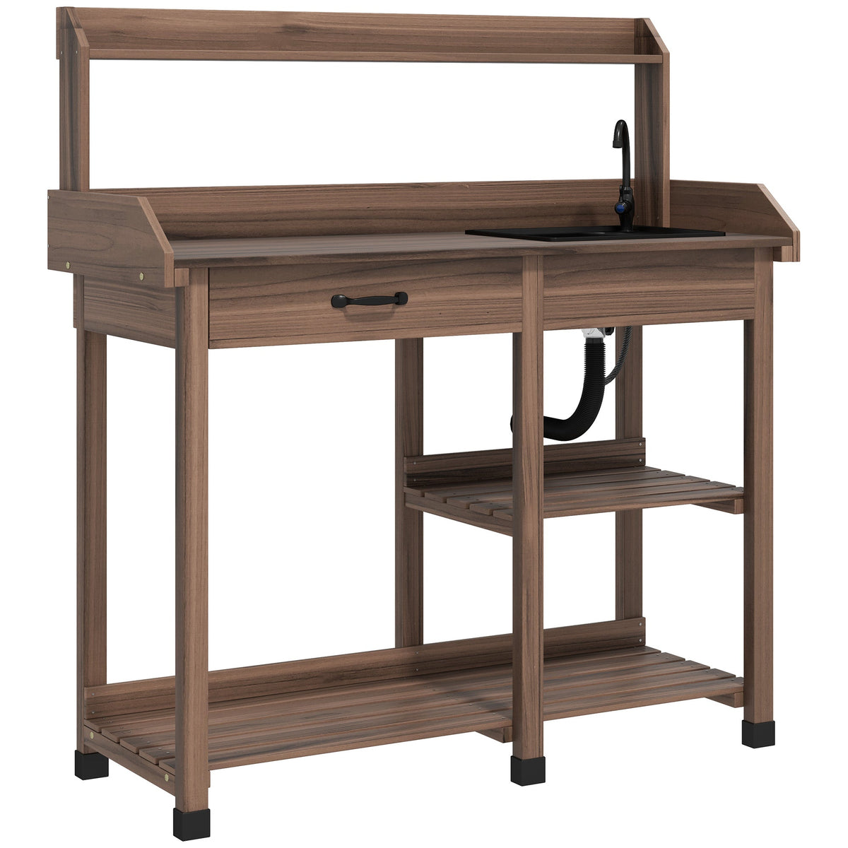 Potting Bench Table with Storage Shelves, Removable Sink, Faucet and Drawer, Dark Brown