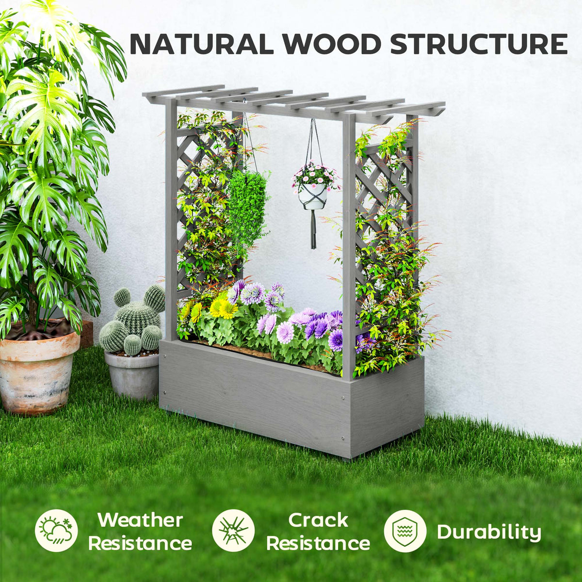 Wood Raised Garden Bed with Trellis, Hanging Roof, Drainage Holes and Liner,43.3" x 17.3" x 44.9", Grey