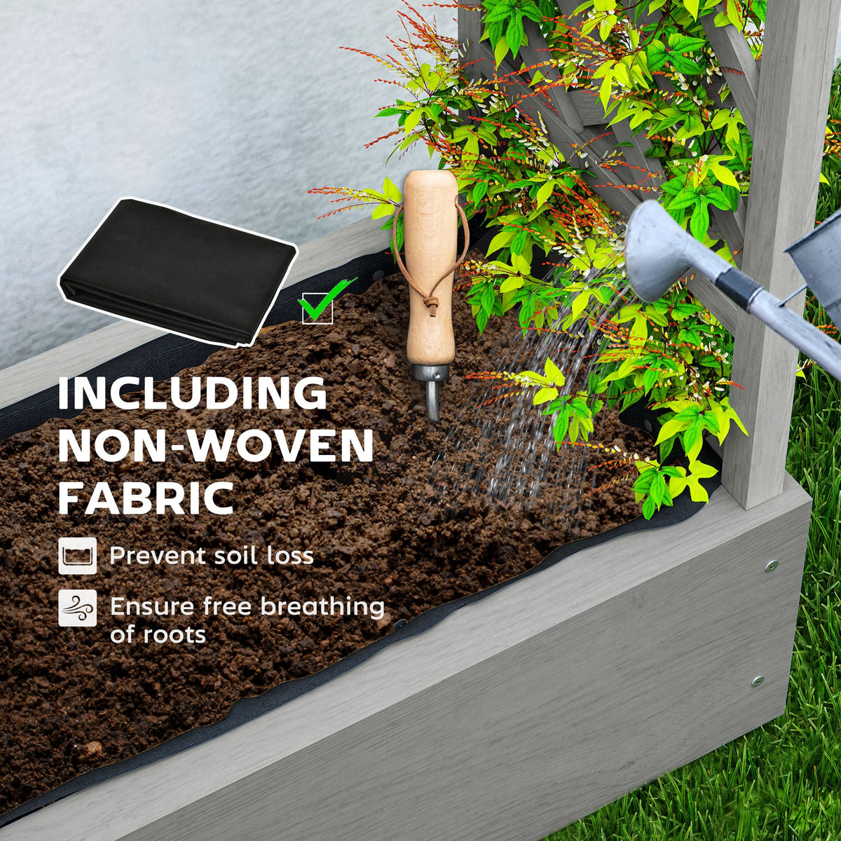 Wood Raised Garden Bed with Trellis, Hanging Roof, Drainage Holes and Liner,43.3" x 17.3" x 44.9", Grey