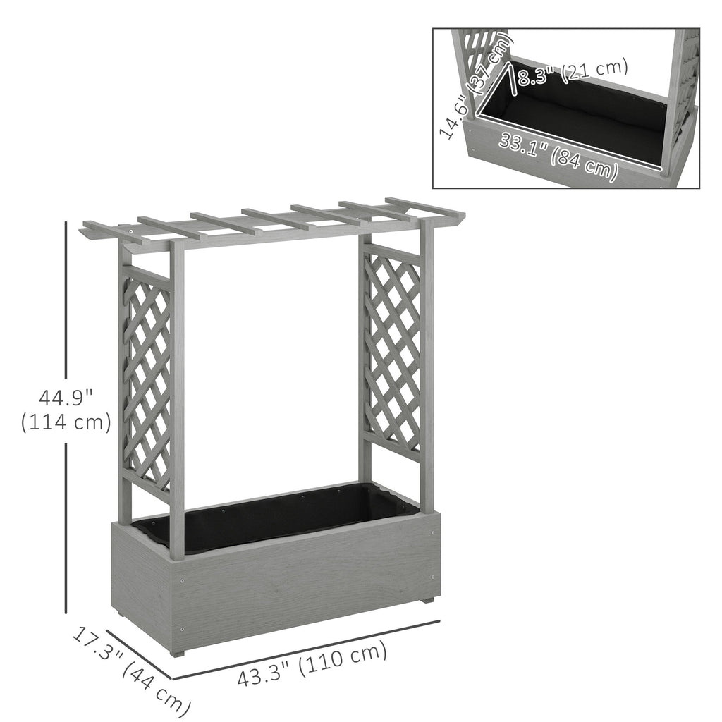 Wood Raised Garden Bed with Trellis, Hanging Roof, Drainage Holes and Liner,43.3" x 17.3" x 44.9", Grey