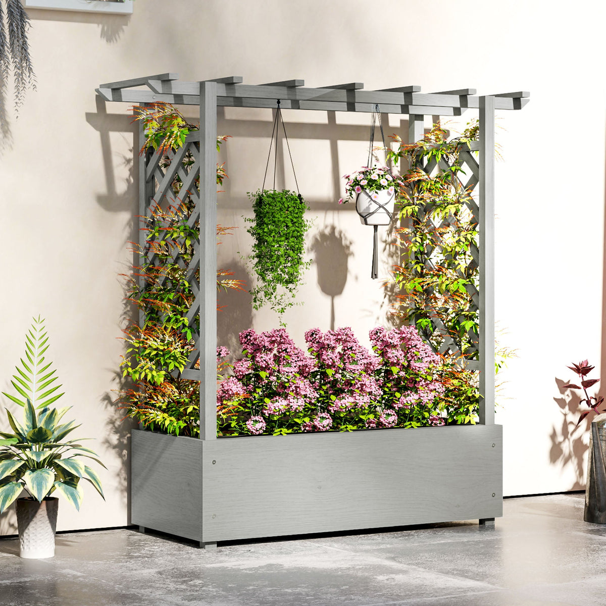 Wood Raised Garden Bed with Trellis, Hanging Roof, Drainage Holes and Liner,43.3" x 17.3" x 44.9", Grey