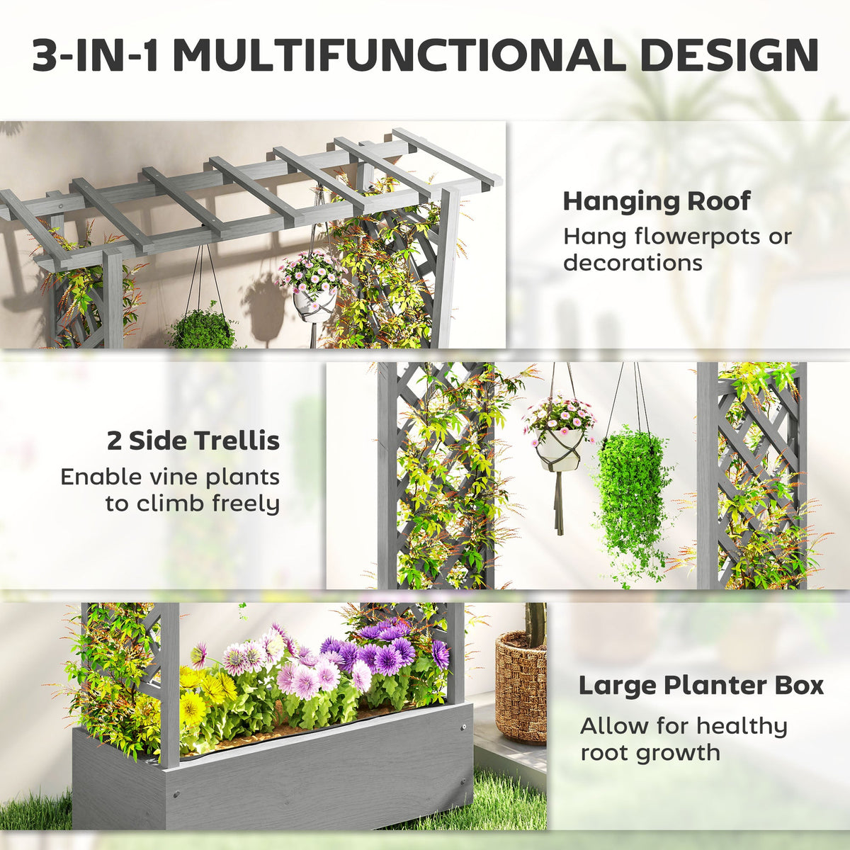 Wood Raised Garden Bed with Trellis, Hanging Roof, Drainage Holes and Liner,43.3" x 17.3" x 44.9", Grey