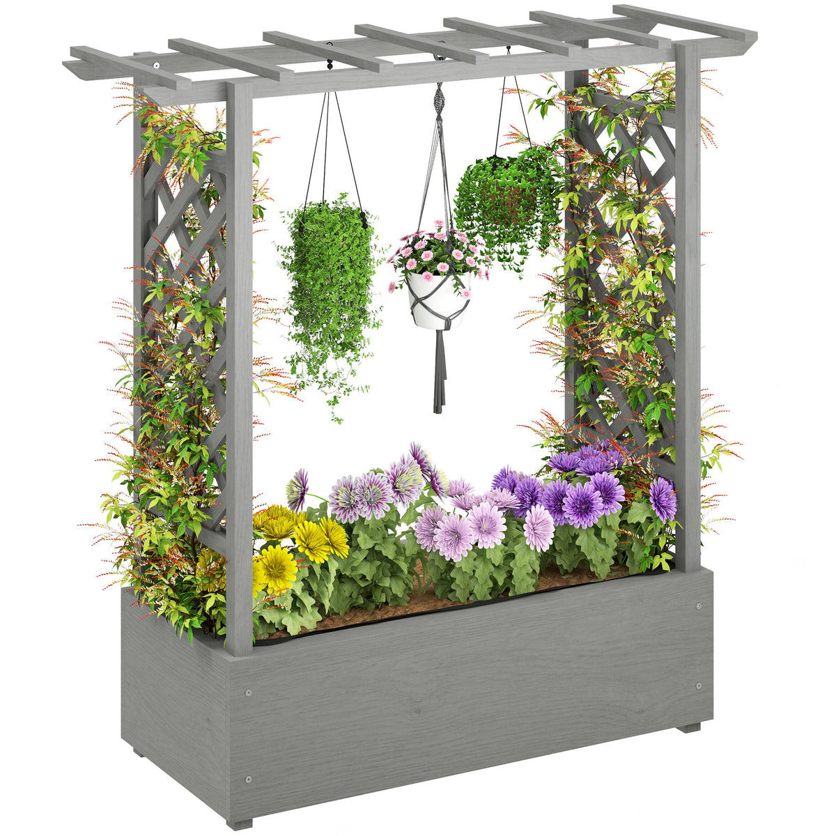 Wood Raised Garden Bed with Trellis, Hanging Roof, Drainage Holes and Liner,43.3" x 17.3" x 44.9", Grey