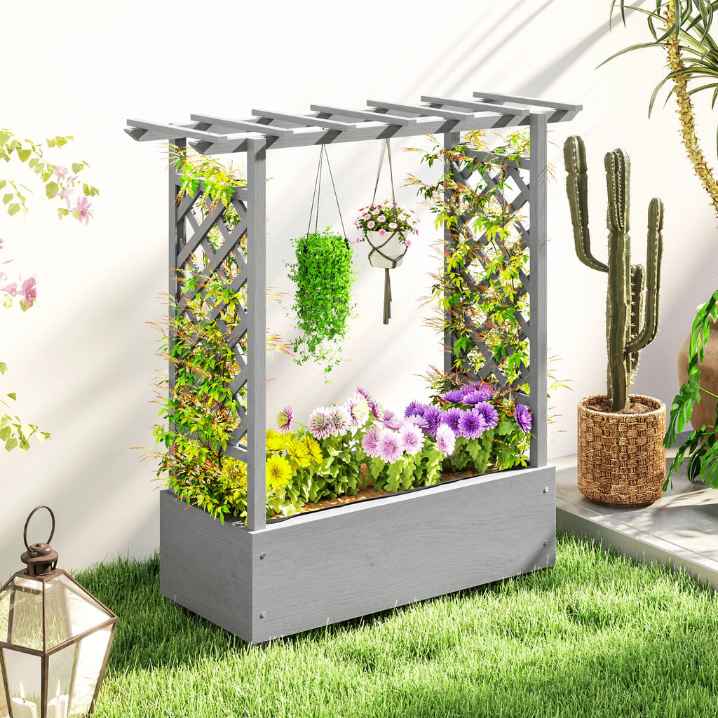 Wood Raised Garden Bed with Trellis, Hanging Roof, Drainage Holes and Liner,43.3" x 17.3" x 44.9", Grey