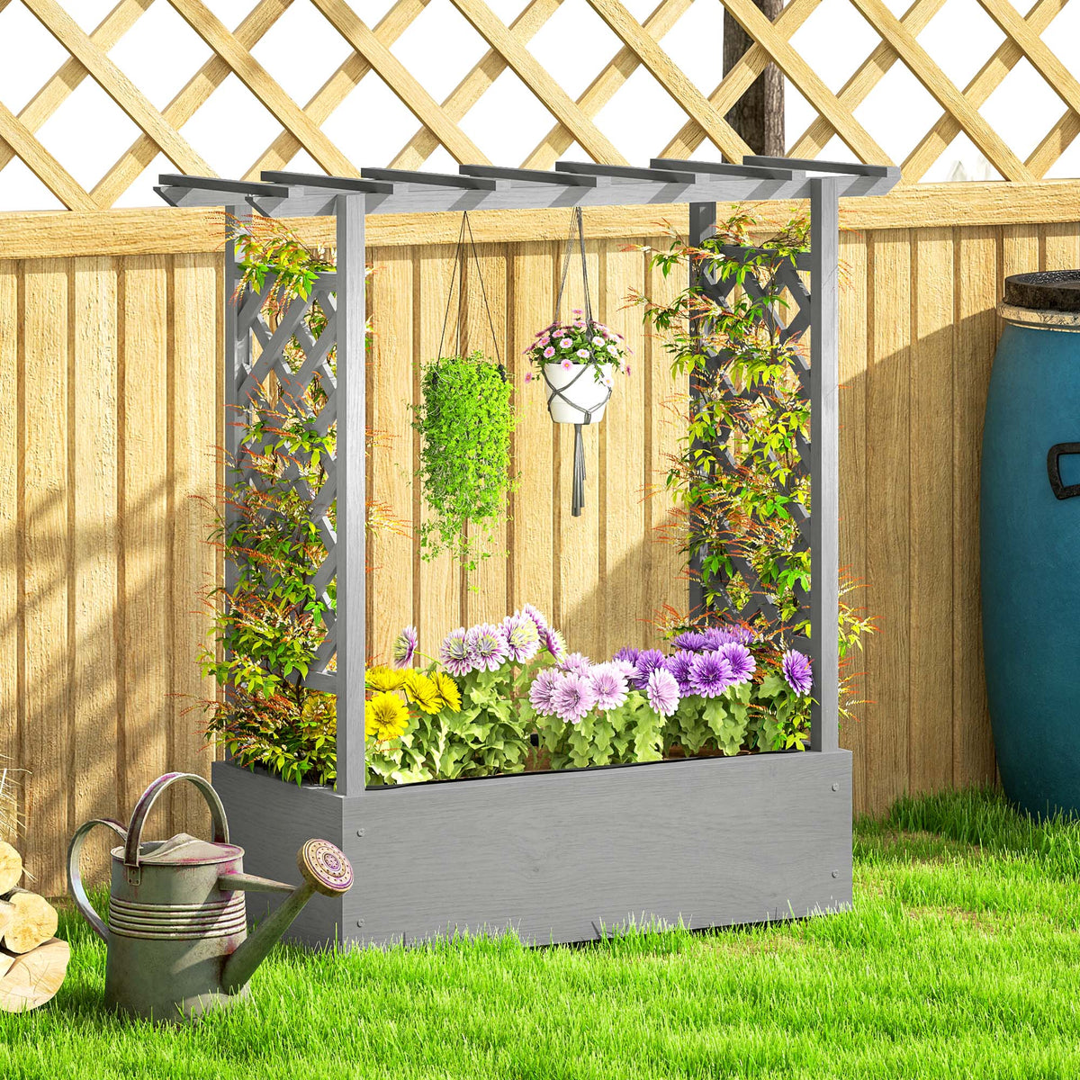 Wood Raised Garden Bed with Trellis, Hanging Roof, Drainage Holes and Liner,43.3" x 17.3" x 44.9", Grey