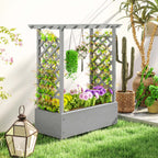 Wood Raised Garden Bed with Trellis, Hanging Roof, Drainage Holes and Liner,43.3" x 17.3" x 44.9", Grey