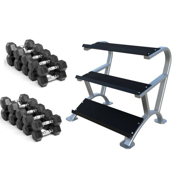 7kg-25kg Rubber Hex Dumbbells Set + Rack