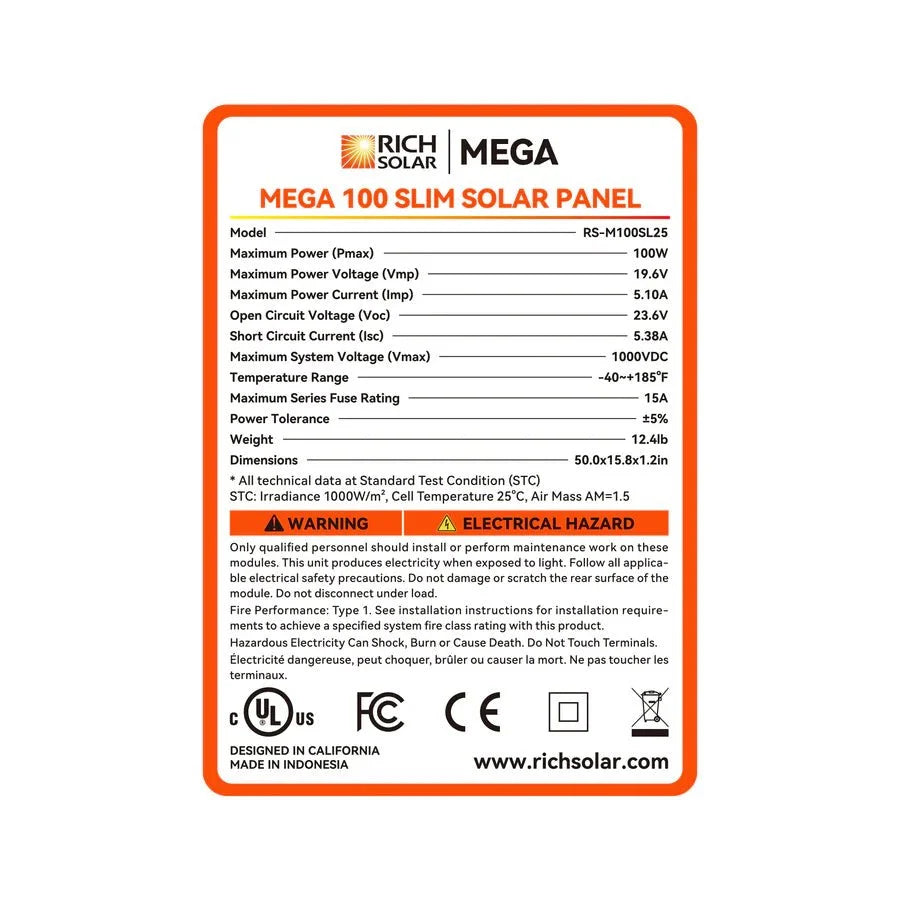 Rich Solar MEGA 100 Watt 12V Slim Monocrystalline Solar Panel