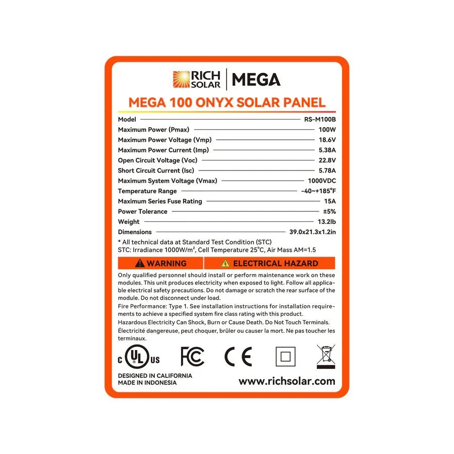 Rich Solar MEGA 100 Watt ONYX Black Monocrystalline Solar Panel