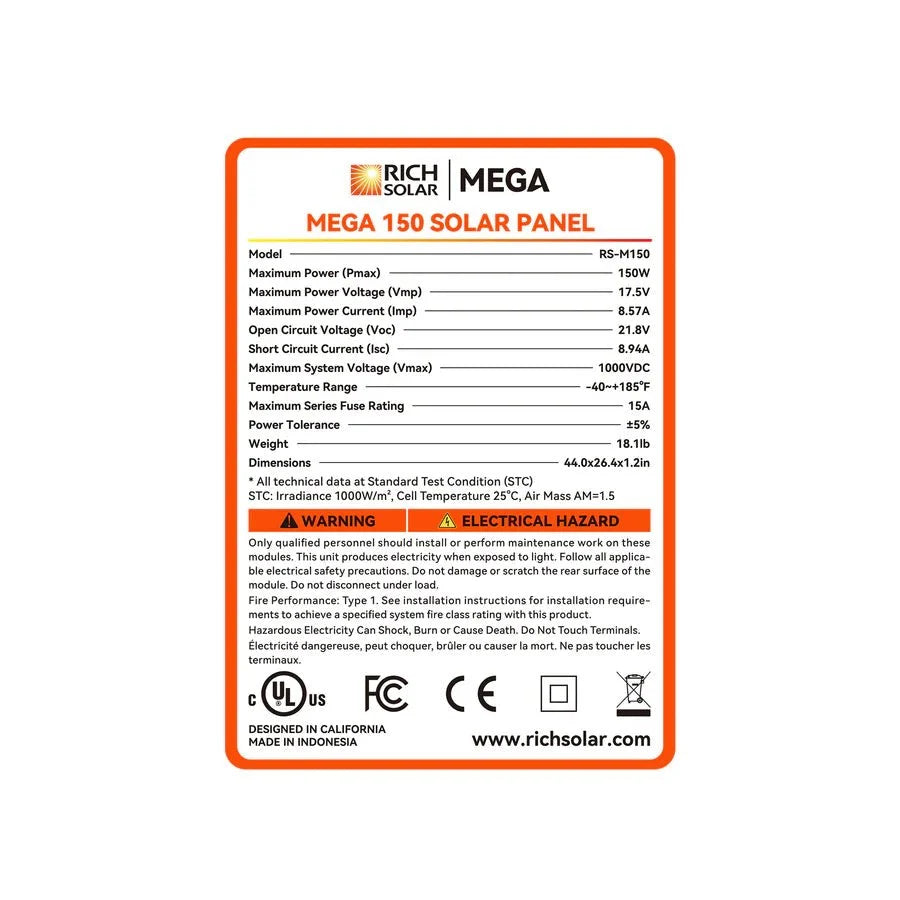 Rich Solar MEGA 150 Watt Monocrystalline Solar Panel
