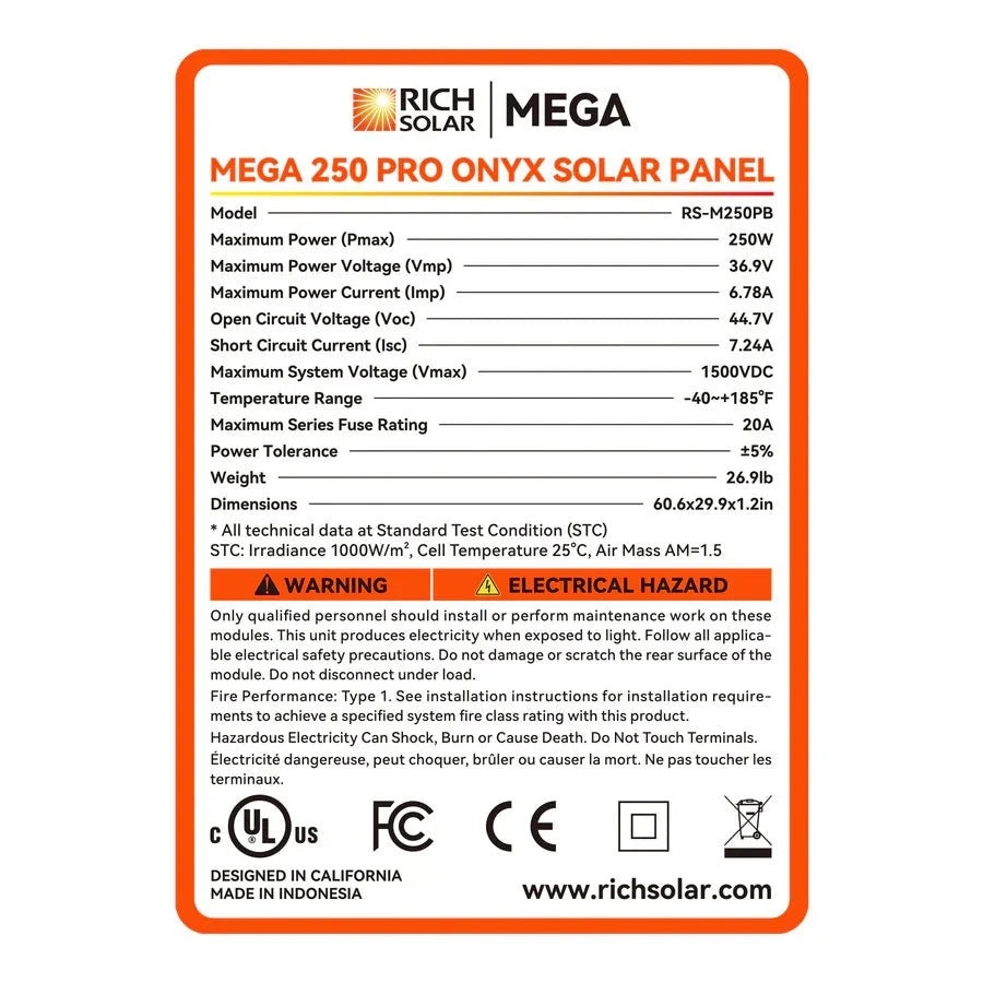 Rich Solar MEGA 250 PRO ONYX 250 Watt Monocrystalline Solar Panel UL Certified Black