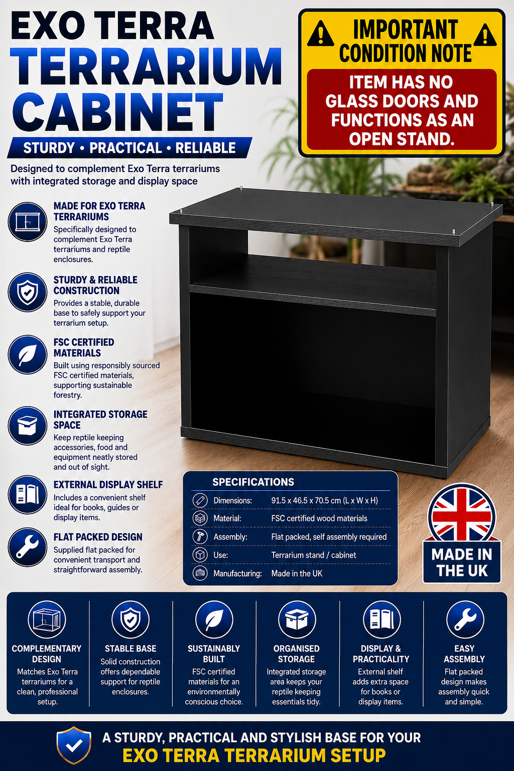Exo Terra 90cm Vivarium Cabinet 90 x 46 x 70.5cm (PT2708) * No Glass Doors**