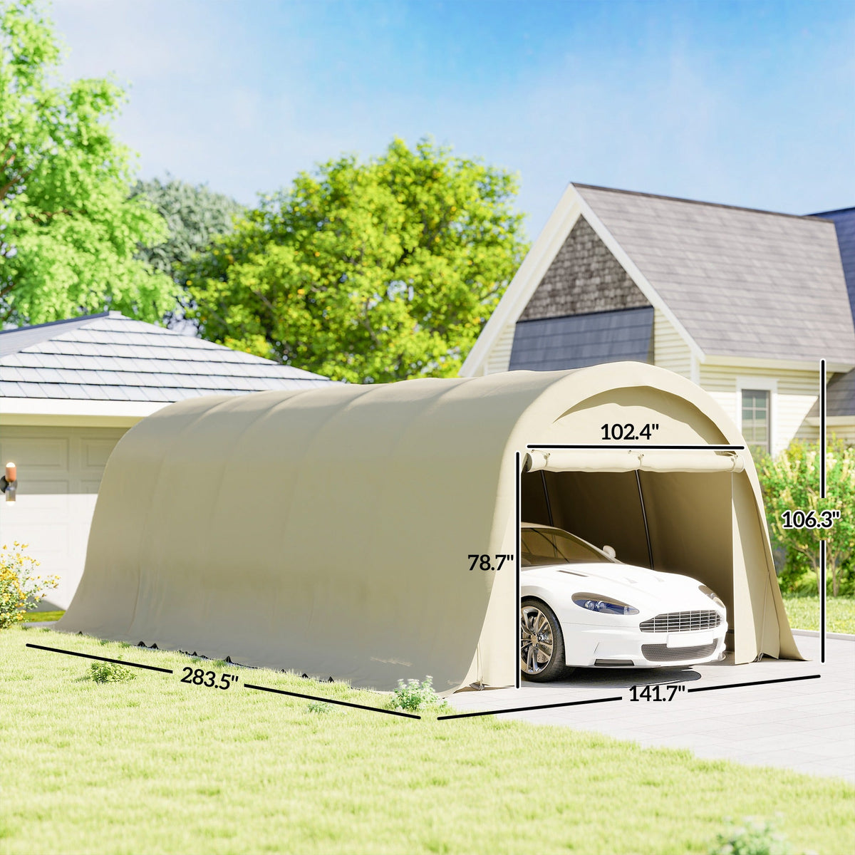 12' x 23.6' Heavy Duty Carport with Roll-Up Door, Beige