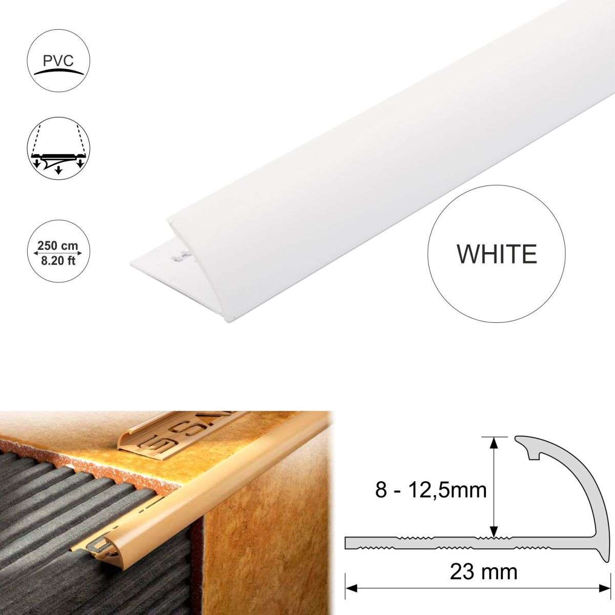 Round Edge PVC Tile Trims Quadrant 8,10,12,5mm