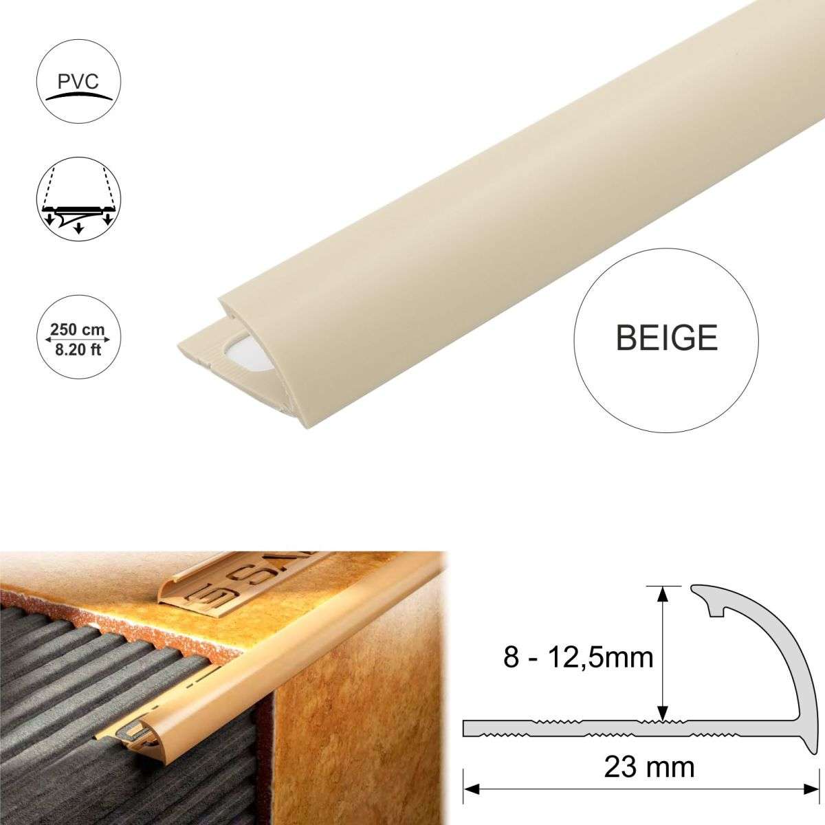 Round Edge PVC Tile Trims Quadrant 8,10,12,5mm