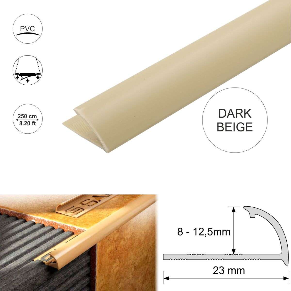 Round Edge PVC Tile Trims Quadrant 8,10,12,5mm